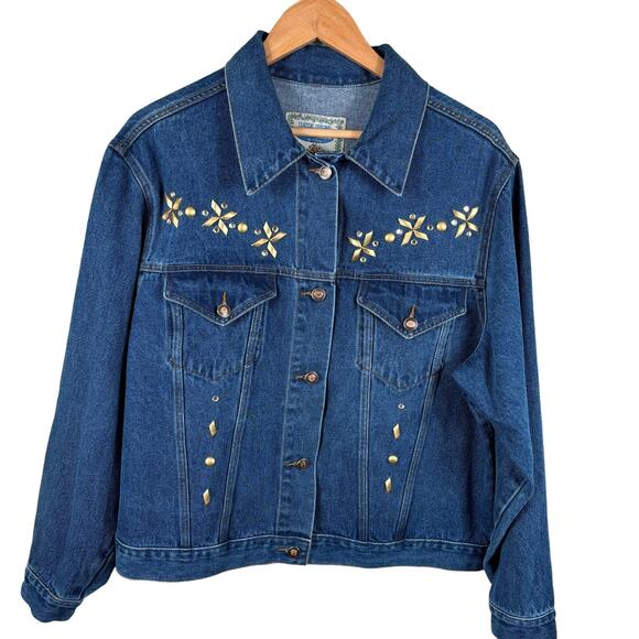 Boom Boom Denim Jacket Women Large/XL Blue Faux Diamond Stud Western Style Wear - Picture 1 of 9